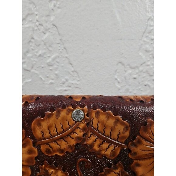 Women's leather embossed floral snap wallet card slots zipper pouch Gem Studded - Picture 4 of 9